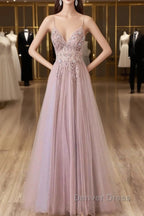 Pink Tulle Long A Line Prom Dress, Pink Spaghetti Prom Dresses With Beaded