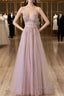 Pink Tulle Long A Line Prom Dress, Pink Spaghetti Prom Dresses With Beaded