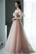 Pink Tulle Long A-Line Prom Dress With Beaded, Lovely Puff Sleeve Evening Dress