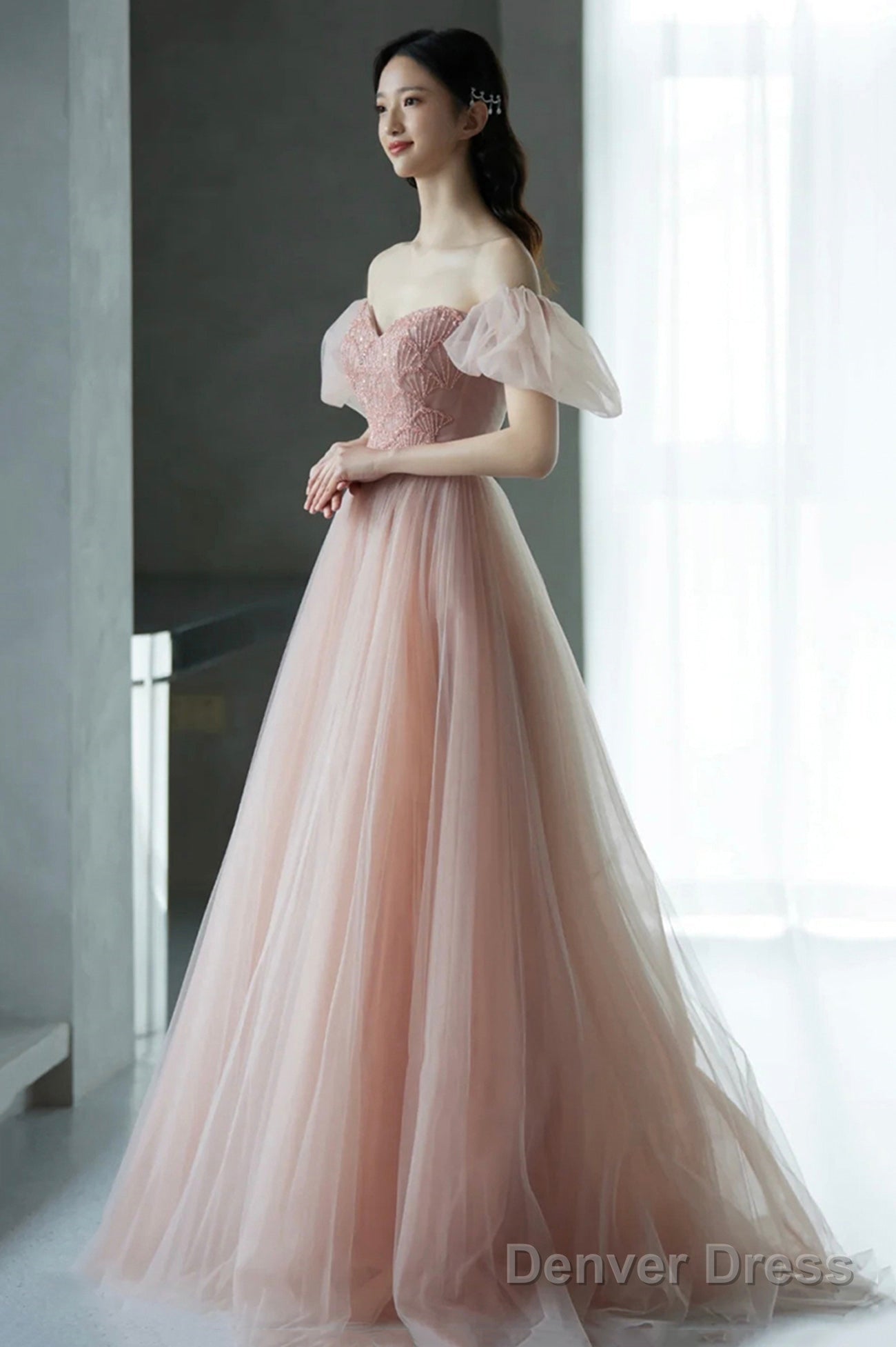 Pink Tulle Long A-Line Prom Dress With Beaded, Lovely Puff Sleeve Evening Dress