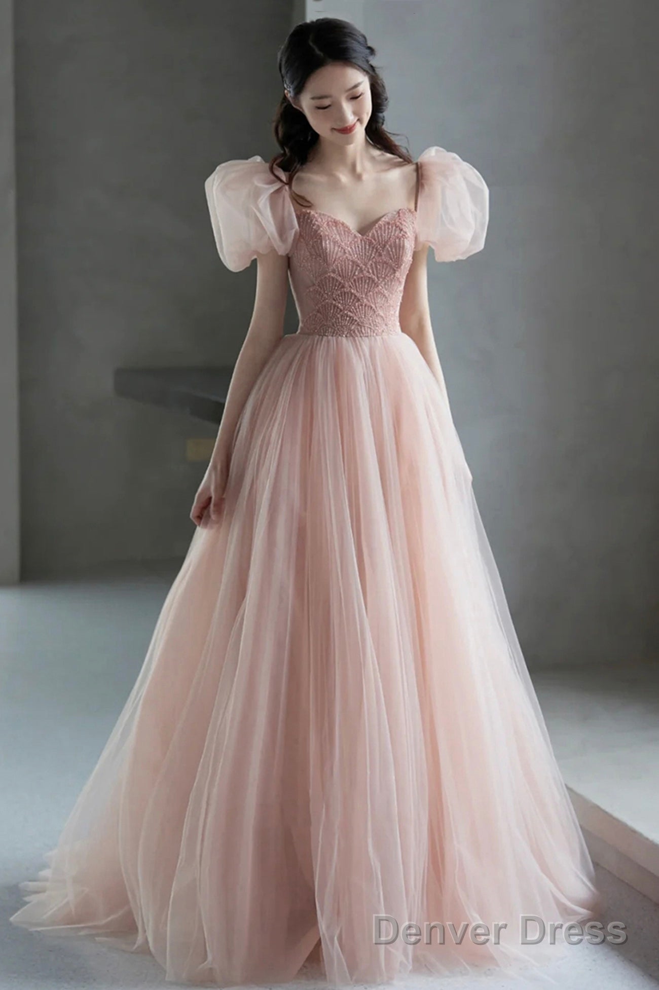 Pink Tulle Long A-Line Prom Dress With Beaded, Lovely Puff Sleeve Evening Dress