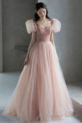 Pink Tulle Long A-Line Prom Dress With Beaded, Lovely Puff Sleeve Evening Dress