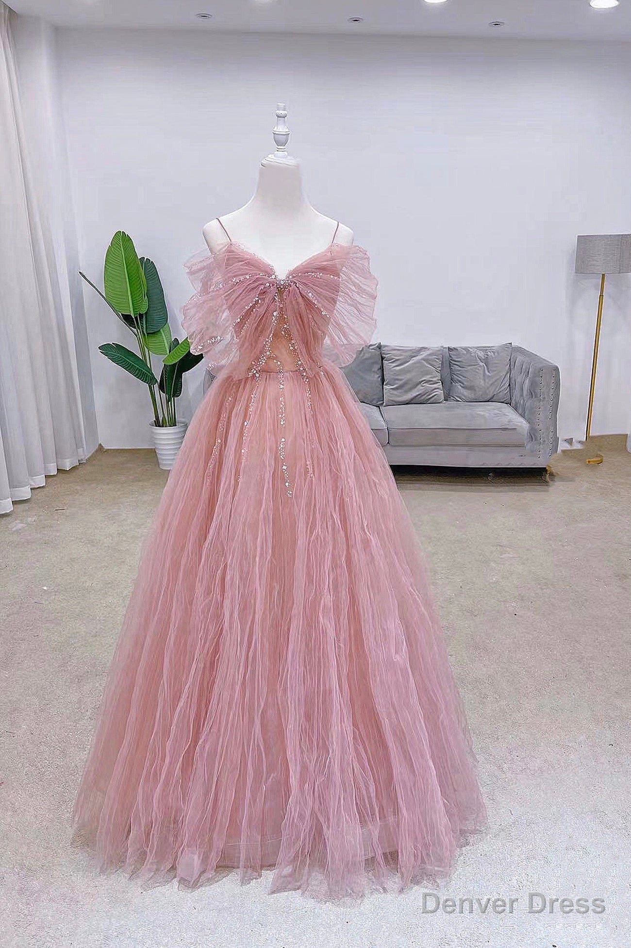 Pink Tulle Long A Line Prom Dress with Bow, Pink Prom Graduation Dresses
