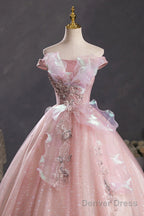 Pink Tulle Long A-Line Prom Dress With Lace, Beautiful Off Shoulder Sweet 16 Dress