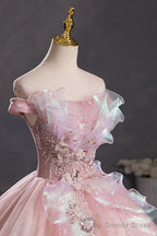 Pink Tulle Long A Line Prom Dress with Lace, Off Shoulder Sweet 16 Dresses