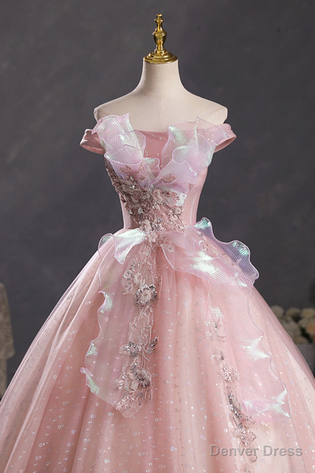 Pink Tulle Long A Line Prom Dress with Lace, Off Shoulder Sweet 16 Dresses