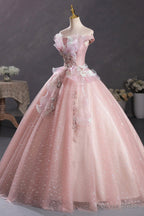 Pink Tulle Long A Line Prom Dress with Lace, Off Shoulder Sweet 16 Dresses