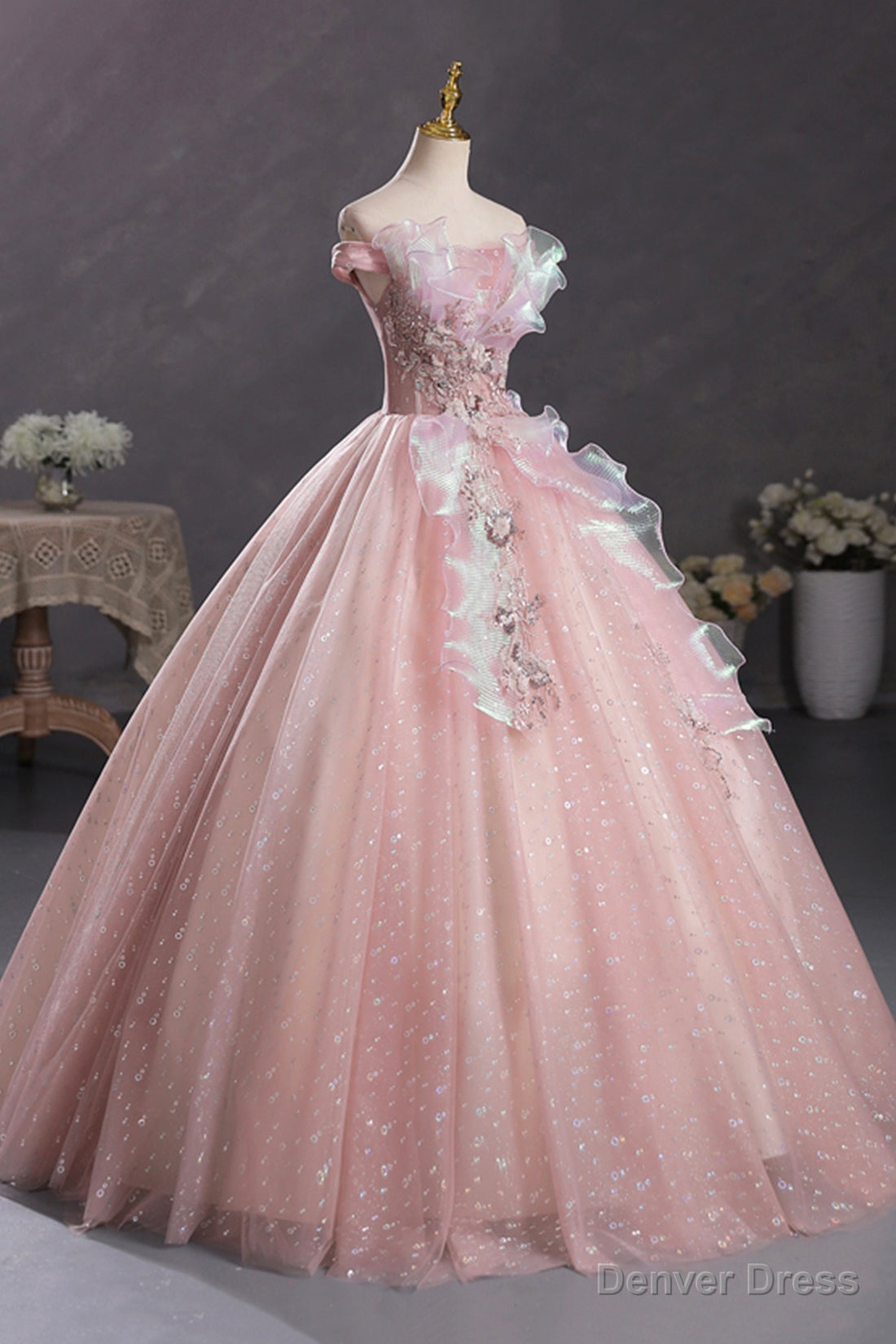 Pink Tulle Long A Line Prom Dress with Lace, Off Shoulder Sweet 16 Dresses