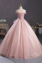 Pink Tulle Long A Line Prom Dress with Lace, Off Shoulder Sweet 16 Dresses