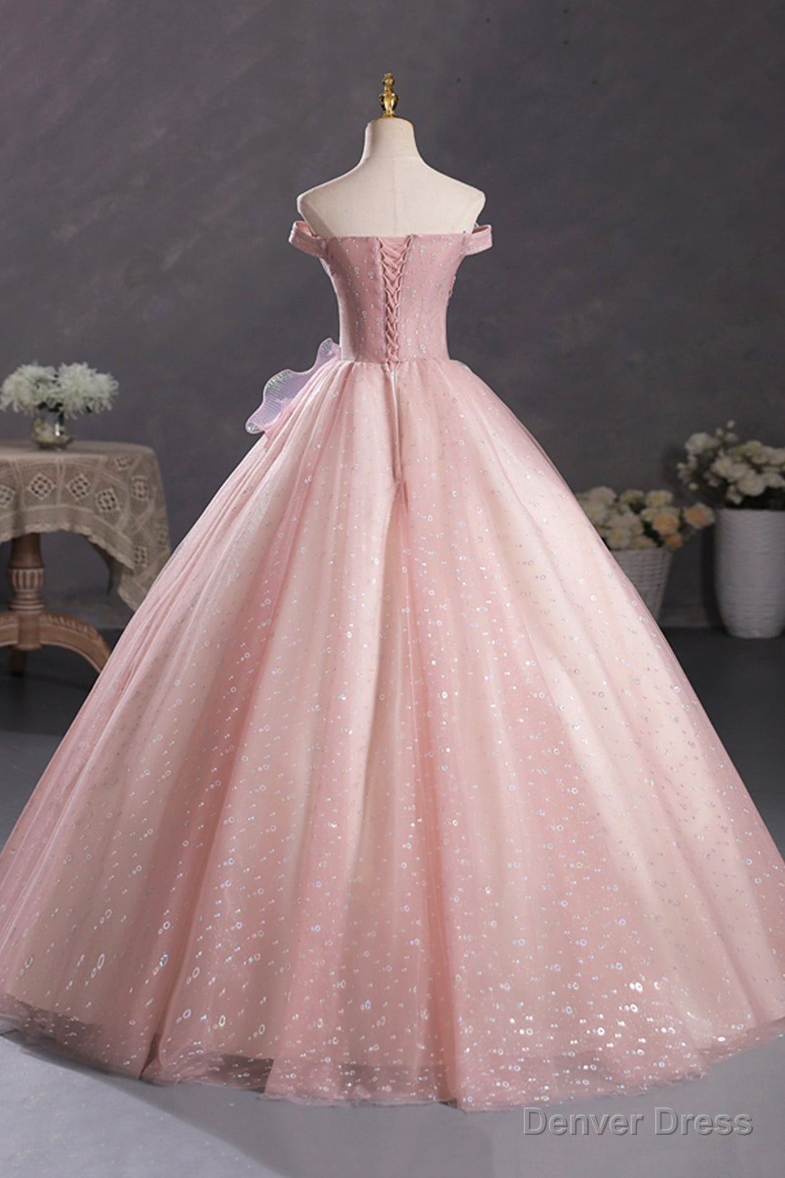 Pink Tulle Long A Line Prom Dress with Lace, Off Shoulder Sweet 16 Dresses
