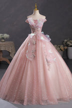 Pink Tulle Long A Line Prom Dress with Lace, Off Shoulder Sweet 16 Dresses