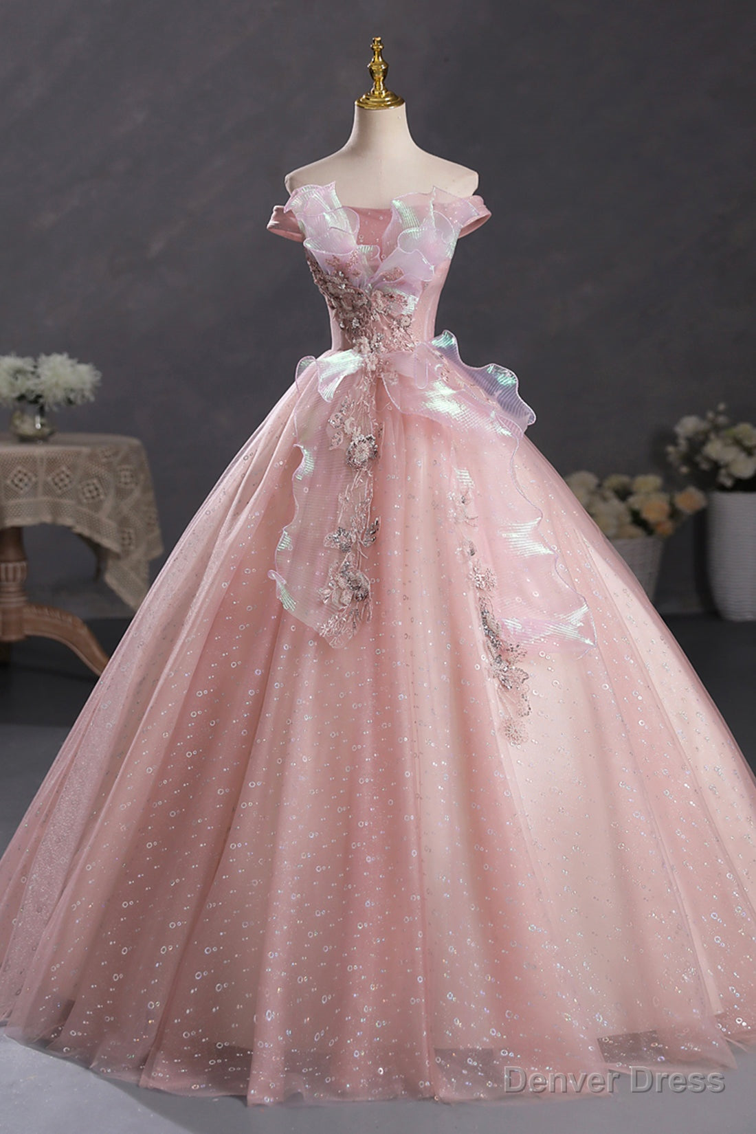 Pink Tulle Long A Line Prom Dress with Lace, Off Shoulder Sweet 16 Dresses