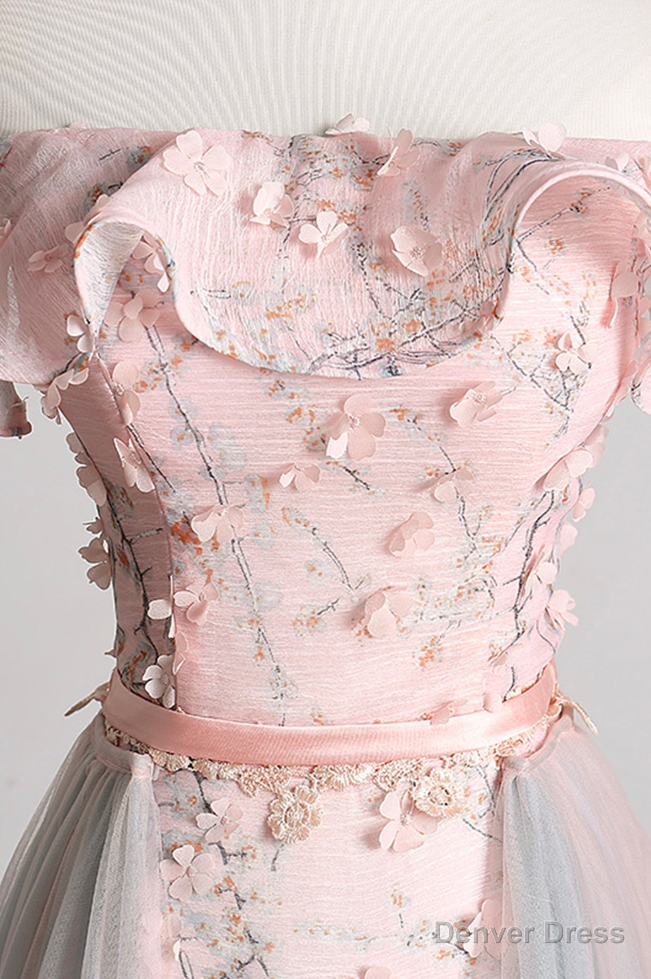 Pink Tulle Long A-Line Prom Dress with Train, Off the Shoulder Formal Evening Dress Secondary image