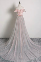 Pink Tulle Long A Line Prom Dress with Train, Off the Shoulder Prom Dresses