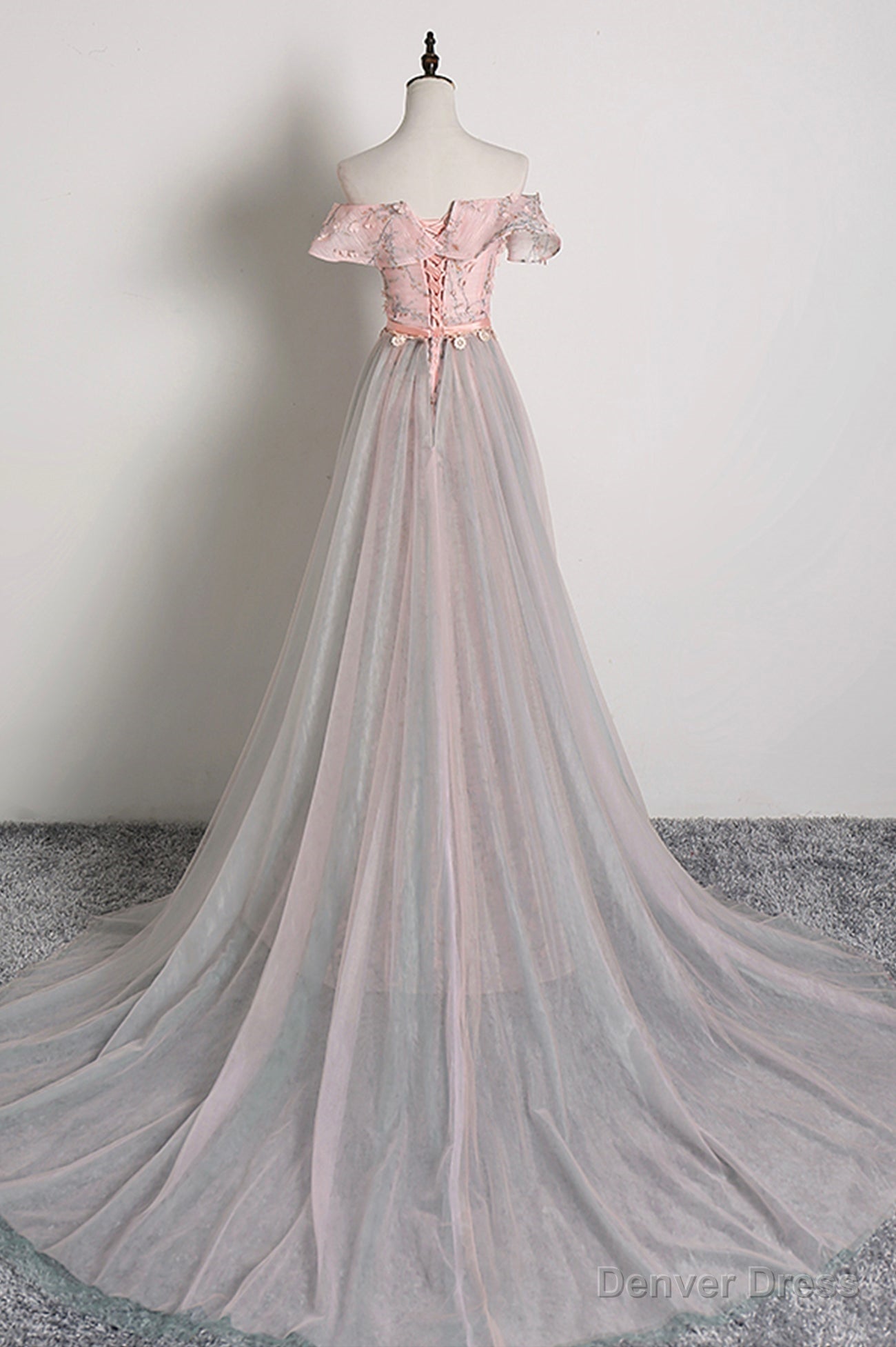 Pink Tulle Long A Line Prom Dress with Train, Off the Shoulder Prom Dresses