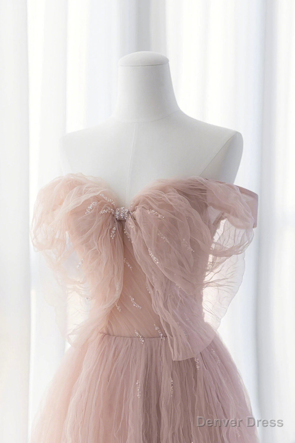Pink Tulle Long A Line Prom Dress, Pink Prom Dresses with Bow