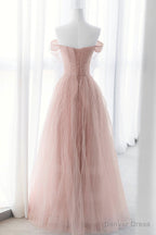 Pink Tulle Long A Line Prom Dress, Pink Prom Dresses with Bow