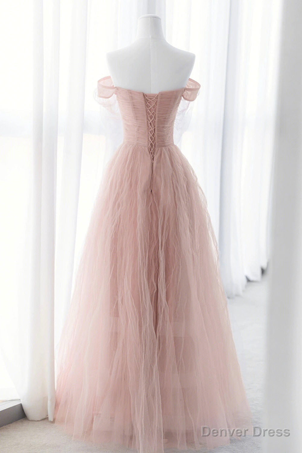 Pink Tulle Long A Line Prom Dress, Pink Prom Dresses with Bow