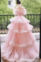 Pink Tulle Long A-Line Prom Gown, Off The Shoulder Sweet 16 Dress