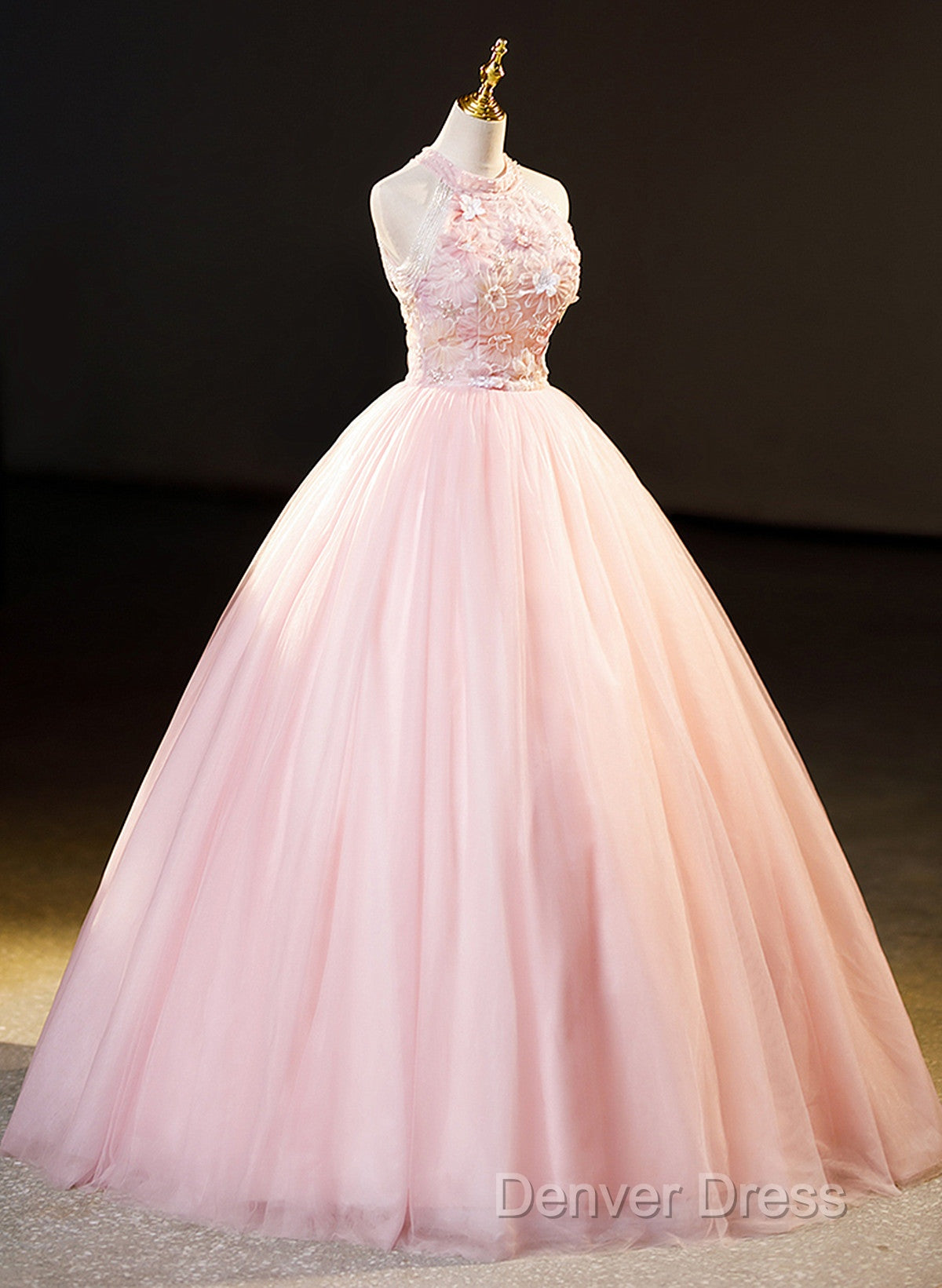 Pink Tulle Long Formal Dresses With Floral Lace, Pink Halter Tulle Sweet 16 Dresses Secondary image