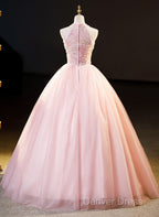 Pink Tulle Long Formal Dresses With Floral Lace, Pink Halter Tulle Sweet 16 Dresses