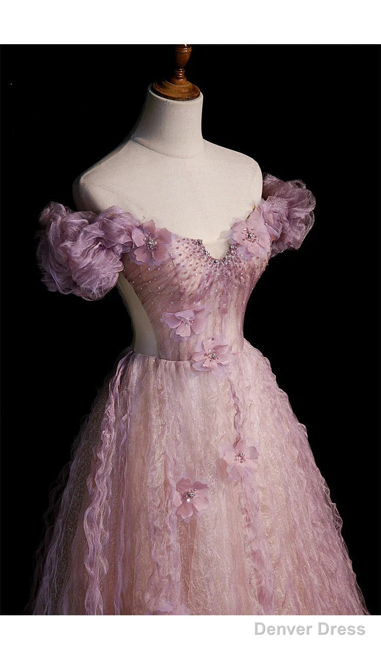 Pink Tulle Long Off Shoulder Party Dress with Flowers Pink Evening Dress Formal Dress prom dresses shops