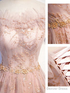 Pink Tulle Long Prom Dress, A line Pink Formal Graduation Dresses