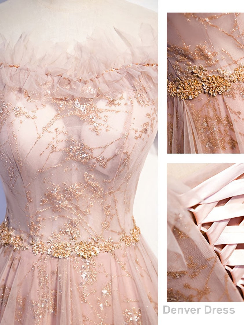 Pink Tulle Long Prom Dress, A Line Pink Prom Graduation Dresses