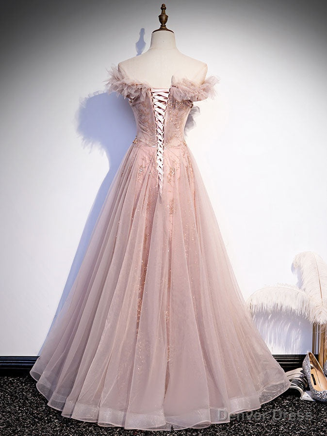 Pink Tulle Long Prom Dress, A Line Pink Prom Graduation Dresses