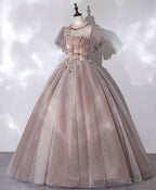 Pink Tulle Long Prom Dress, Pink Formal Sweet 16 Dress with Applique Beading