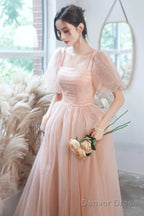 Pink Tulle Long Prom Dresses, A-Line Evening Dresses