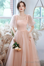 Pink Tulle Long Prom Dresses, A-Line Evening Dresses
