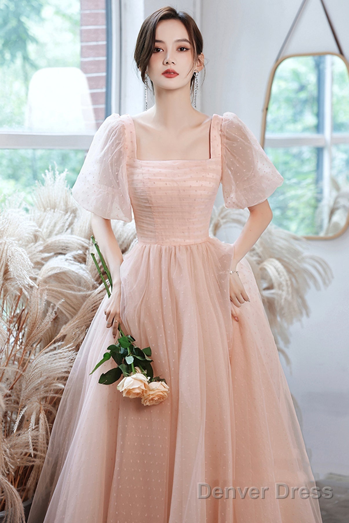 Pink Tulle Long Prom Dresses, A-Line Evening Dresses