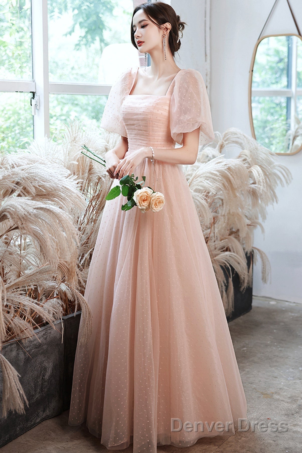 Pink Tulle Long Prom Dresses, A-Line Evening Dresses