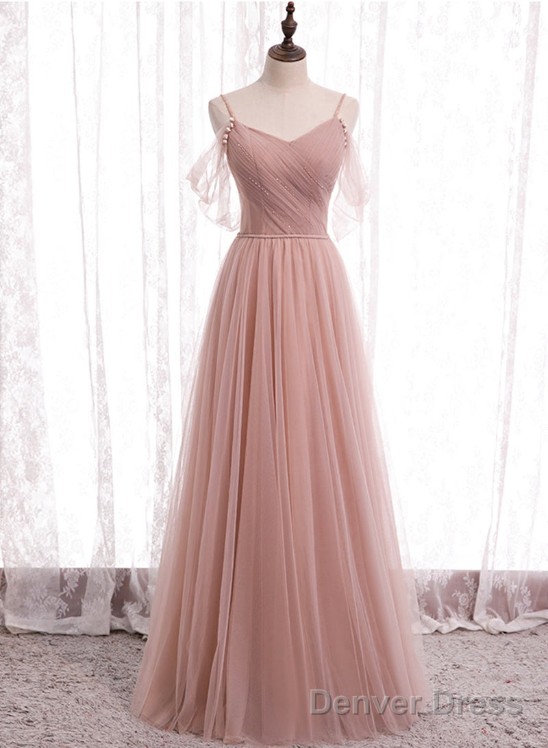 Pink Tulle Long Prom Dresses, A-Line Evening Party Dresses