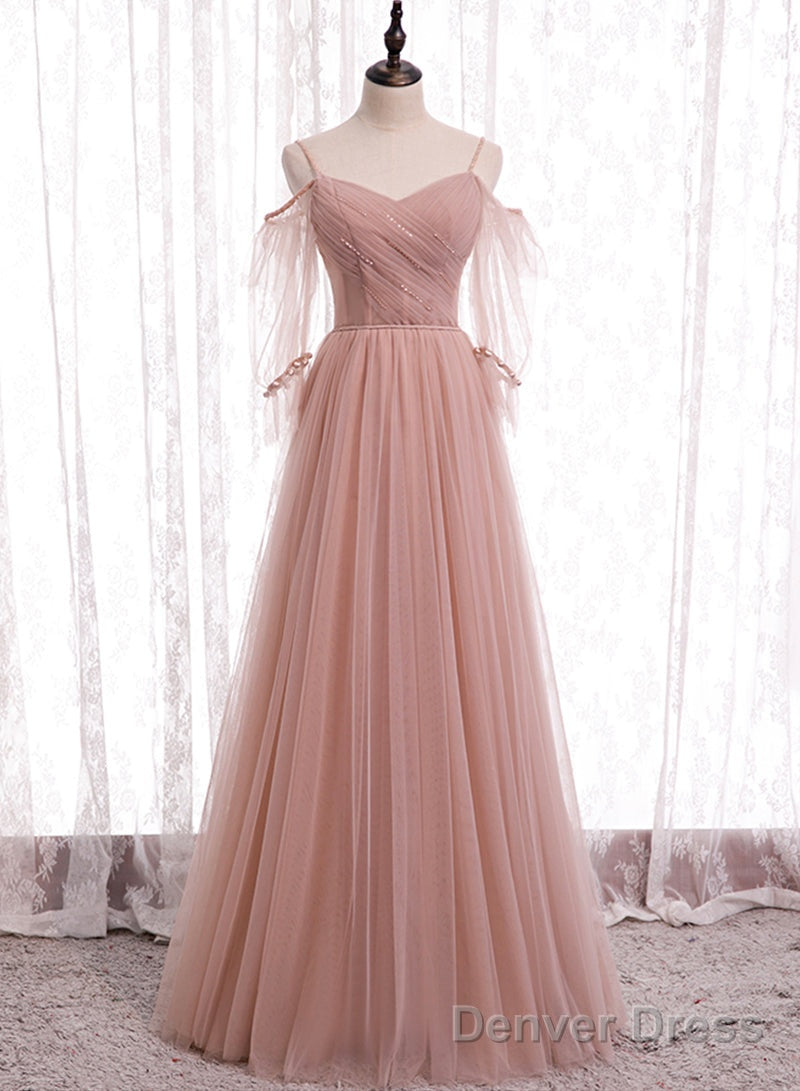 Pink Tulle Long Prom Dresses, A-Line Evening Party Dresses