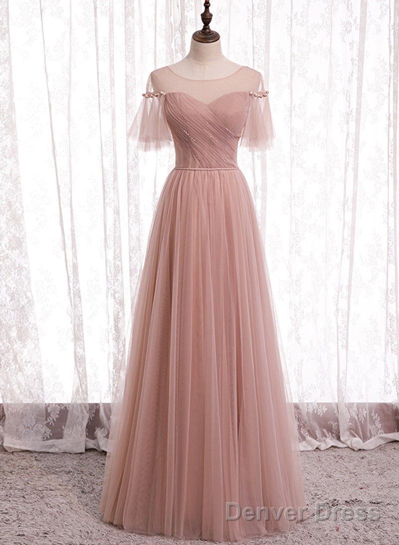 Pink Tulle Long Prom Dresses, A-Line Evening Party Dresses