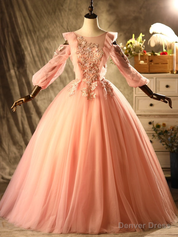 Pink Tulle Long Sleeve Appliques Beading Quinceanera Dresses
