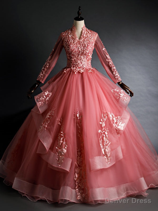 Pink Tulle Long Sleeve Appliques Quinceanera Dresses