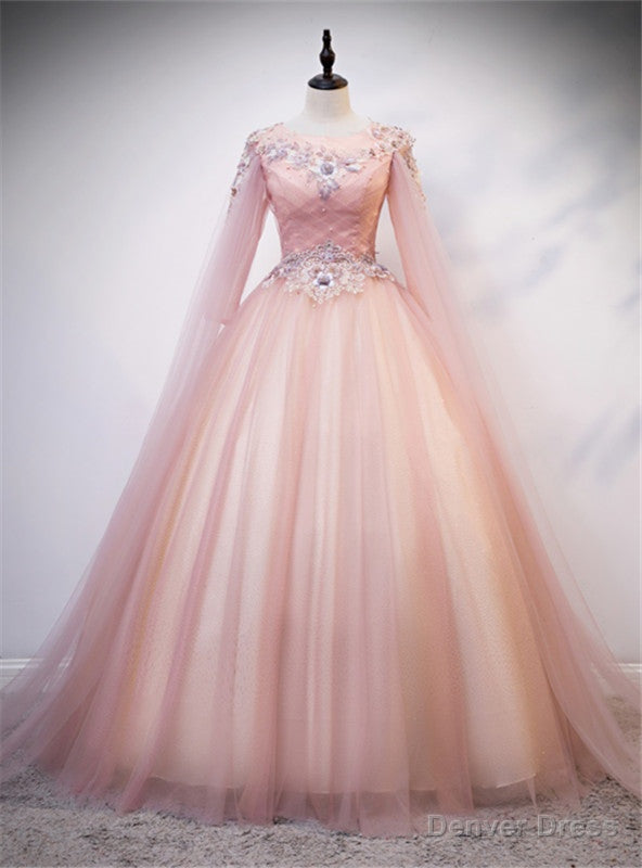 Pink Tulle Long Sleeve Backless Appliques Quinceanera Dresses