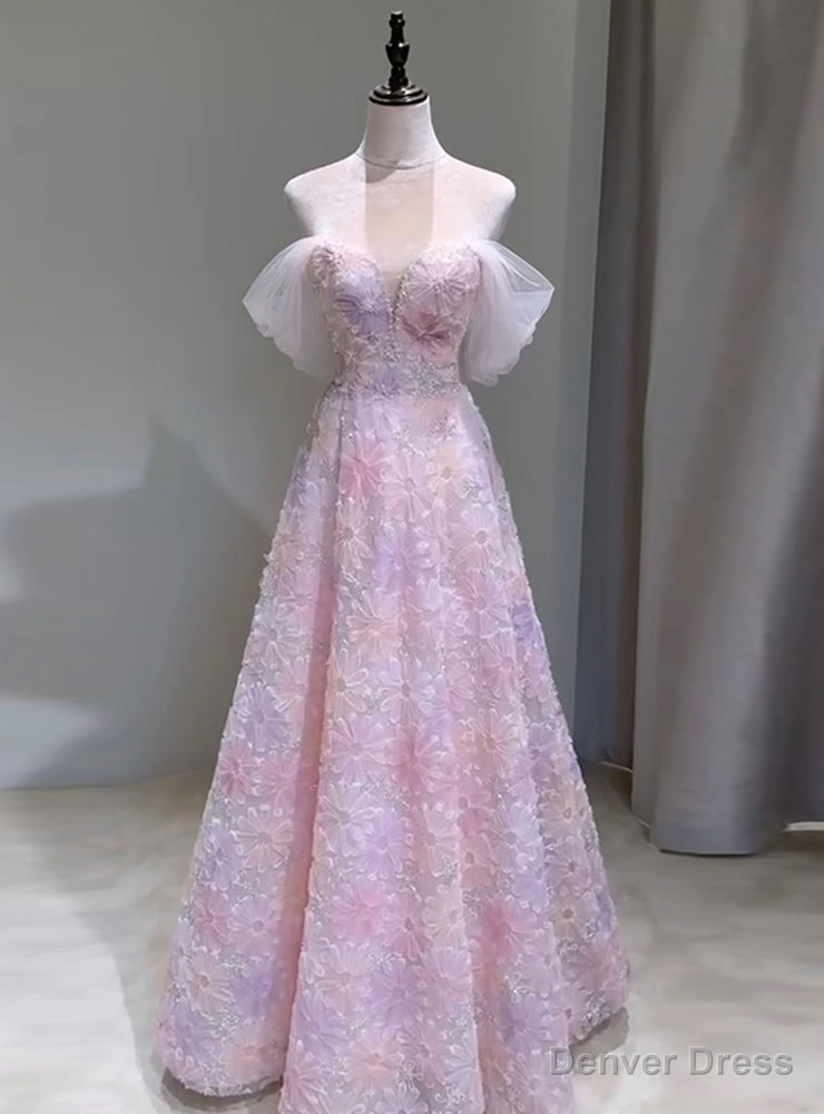 Pink Tulle Of the Shoulder Flower Prom Dresses