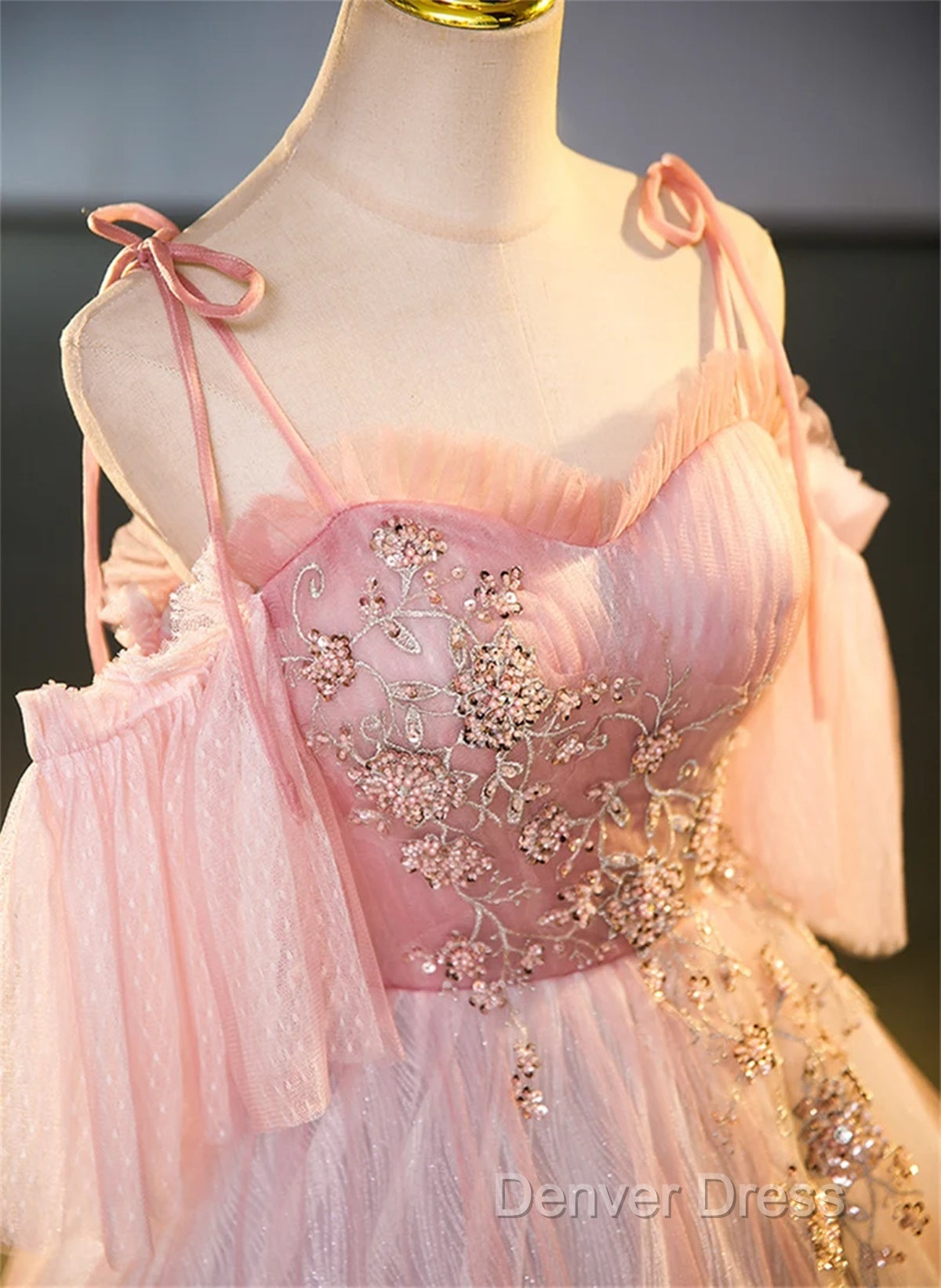 Pink Tulle Off Shoulder Beaded A-Line Prom Dresses, Pink Tulle Long Party Dresses Secondary image