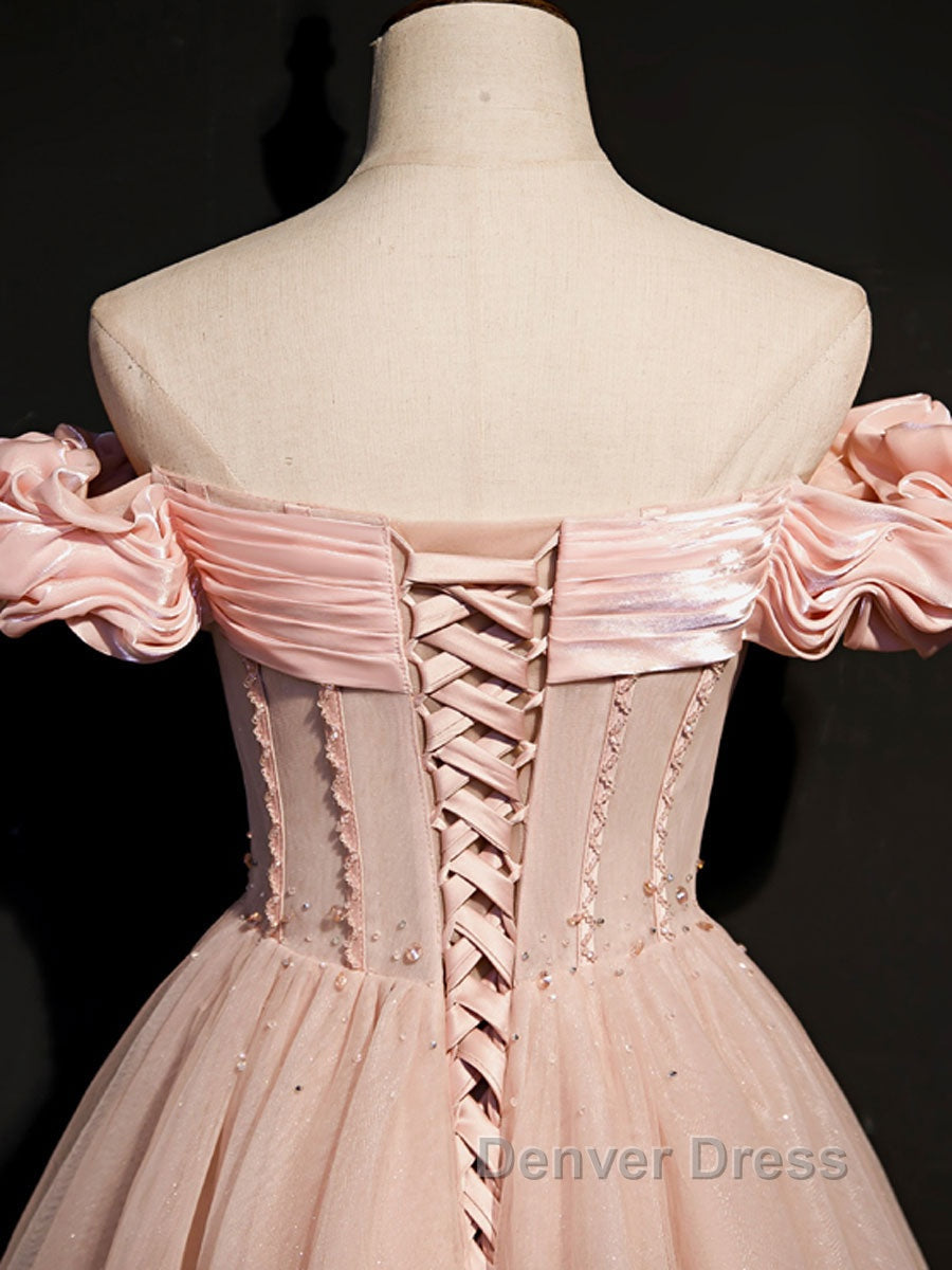 Pink tulle off shoulder long prom Dress, pink tulle Prom Dresses