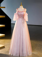 Pink Tulle Off Shoulder Sweetheart Long Prom Dress, Pink Beaded Sweet 16 Dresses