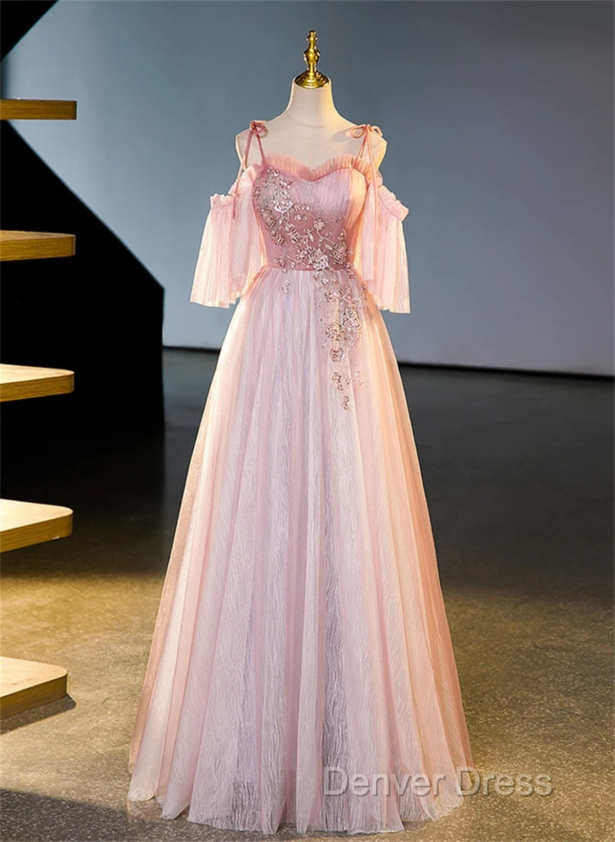 Pink Tulle Off Shoulder Sweetheart Long Prom Dress, Pink Beaded Sweet 16 Dresses