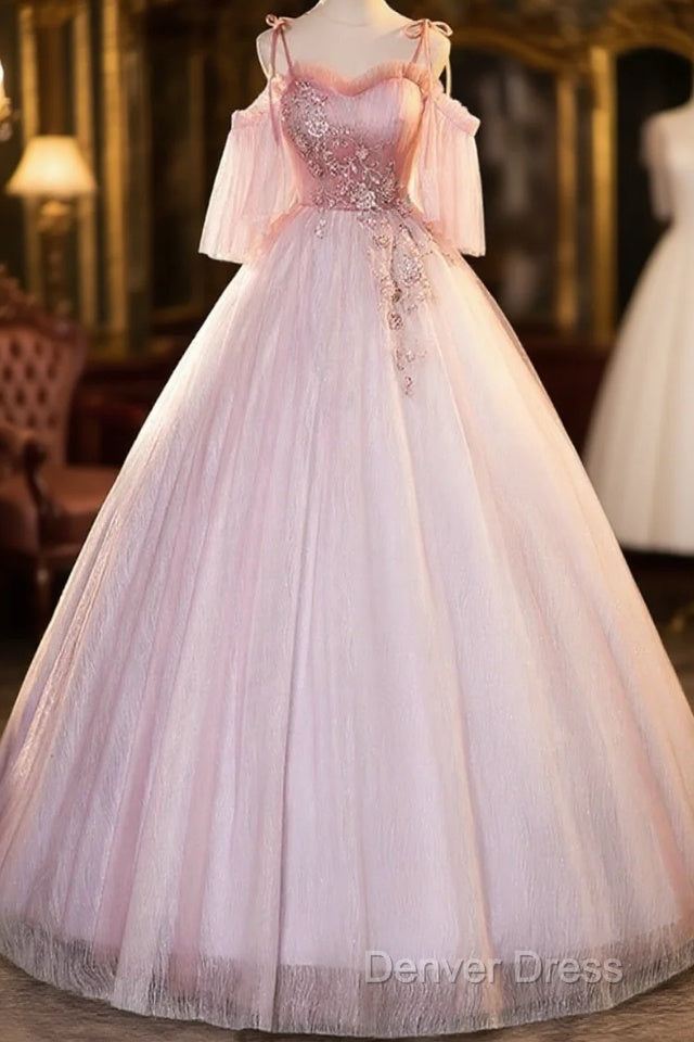 Pink Tulle Off Shoulder Sweetheart Long Formal Dresses, Pink Beaded Sweet 16 Dresses Main image