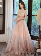 Pink Tulle Off Shoulder With Lace A-Line Prom Dresses, Pink Long Prom Gowns