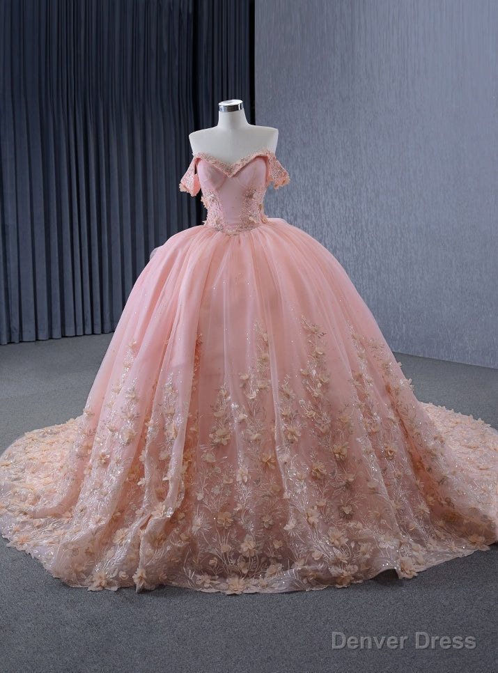 Pink Tulle Off the Shoulder 3D Flower Prom Dresses
