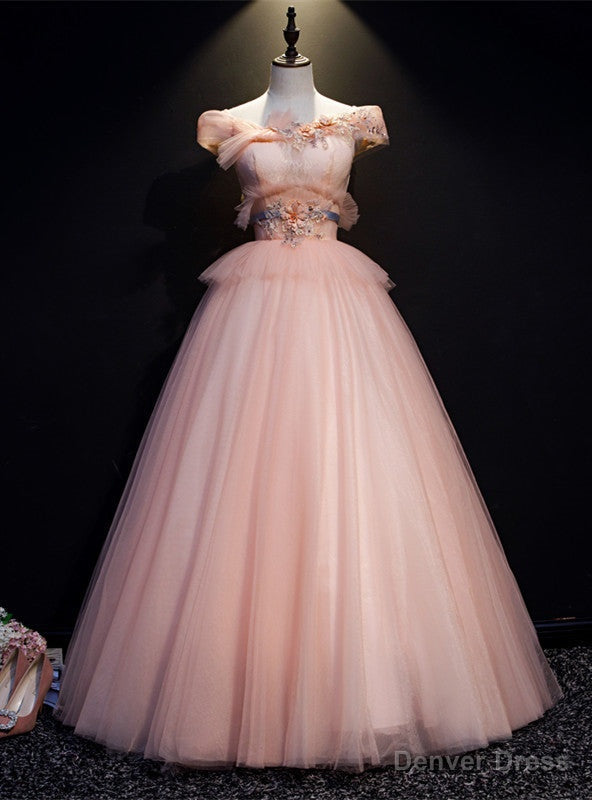 Pink Tulle Off the Shoulder Appliques Beading Quinceanera Dresses