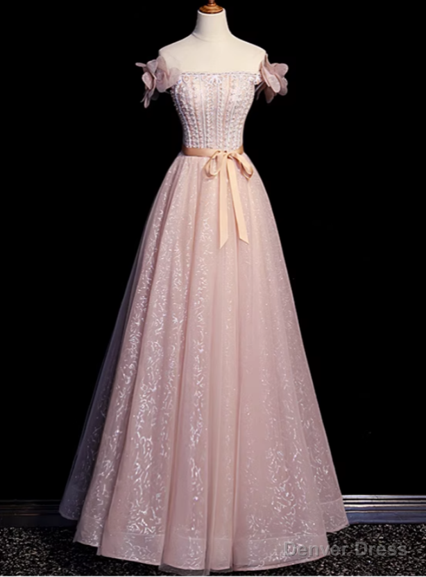 Pink Tulle Off the Shoulder Beading Handwork Flower Prom Dresses